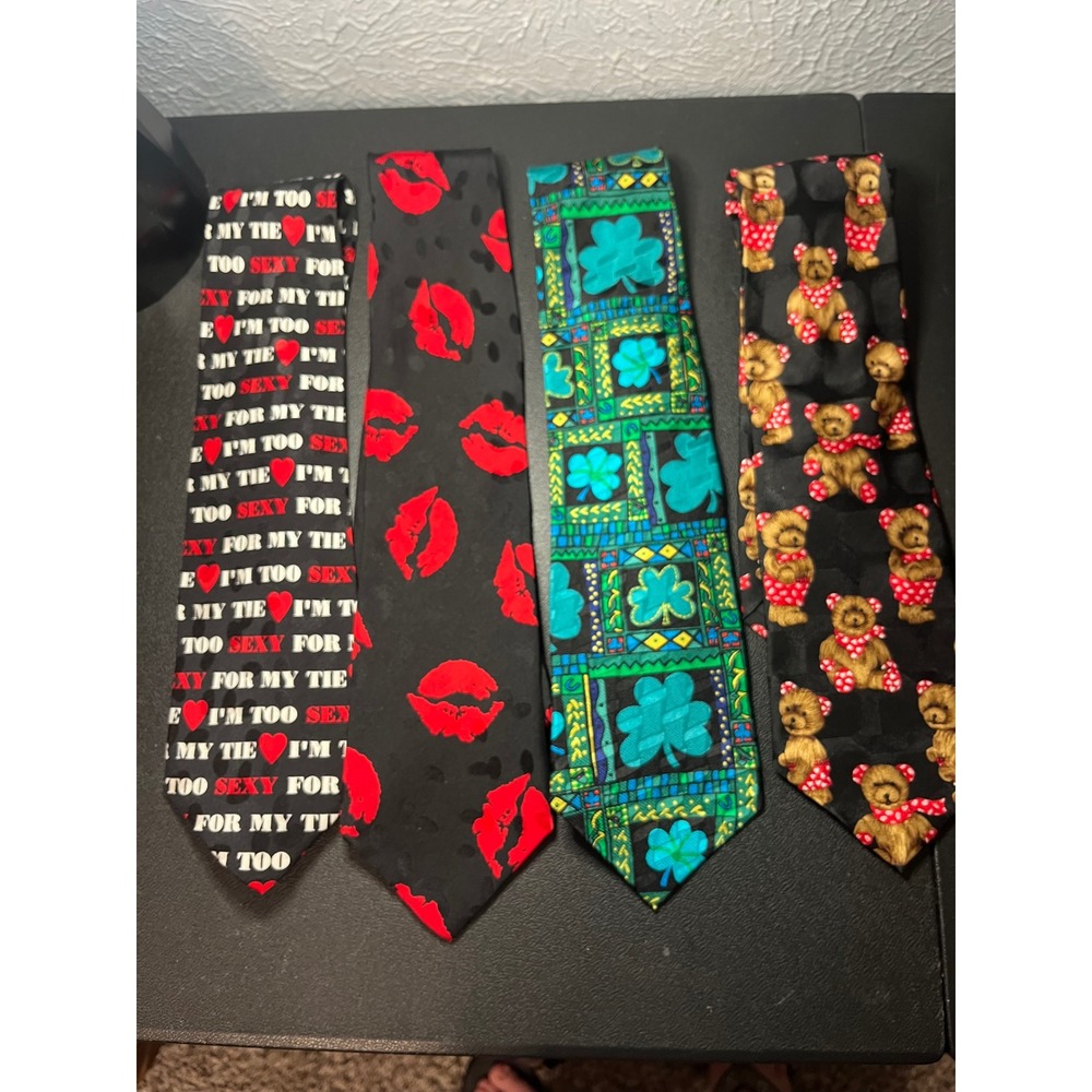 Addiction Silk Novelty Tie Bundle 4pc Too Sexy Lips Shamrock Teddy Bear Vintage